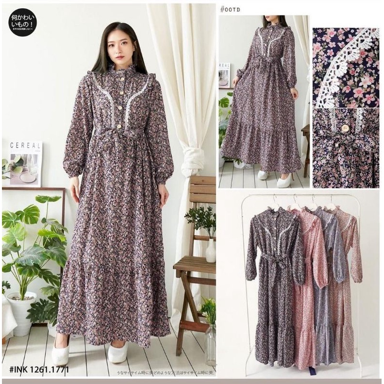 Gamis Wollpeach Hanami / Gamis bunga import / Gamis lebaran / Gamis Murah