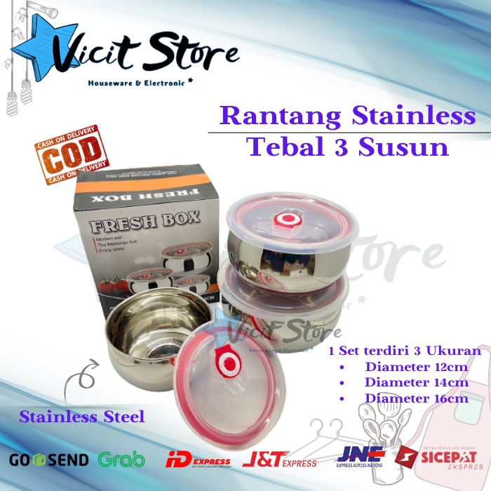 Rantang Stainless Tebal 3 Susun plus Tutup Klip Karet Fresh Box