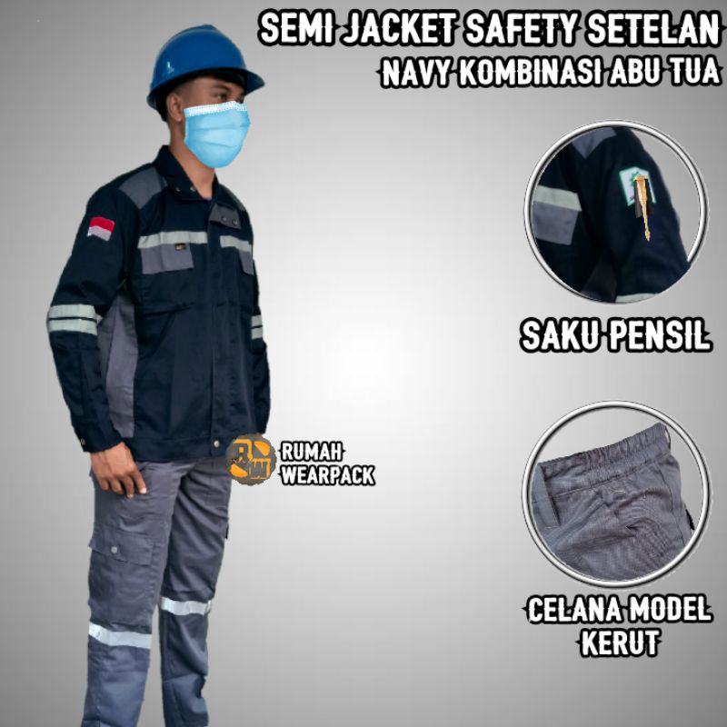 Setelan Semi Jaket Safety  dan Celana Safety Warna Navy Kombinasi Abu Tua