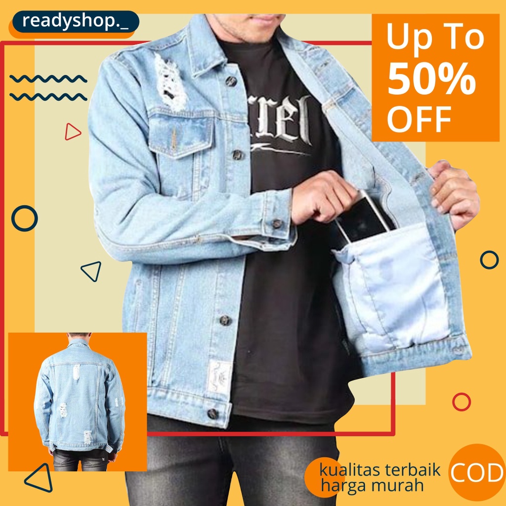 Jaket Levis Sobek Sobek Kerah Denim Bahan Tebal Ori Berkualitas Cardigan Levis