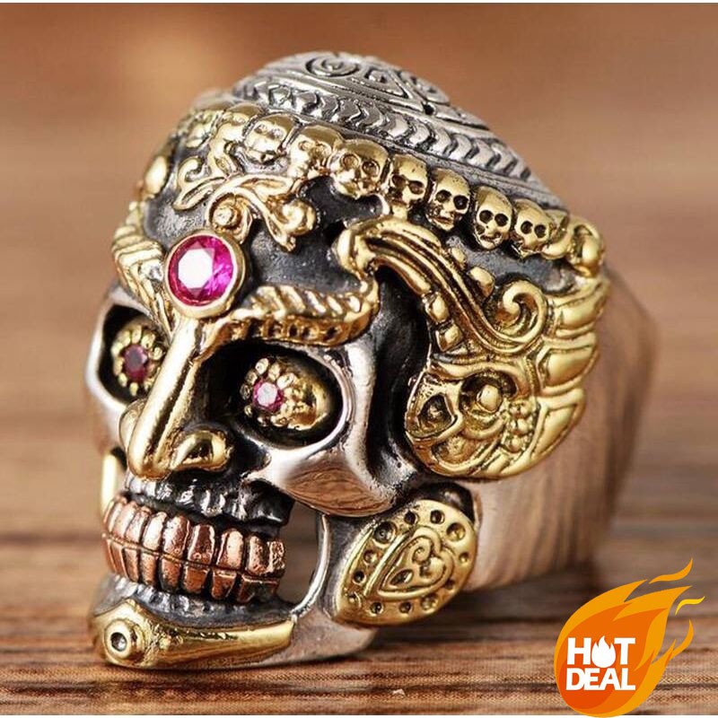 SEUSUK  Cincin Stainless Steel Motif Kepala Tengkorak Warna Gold untuk Pria