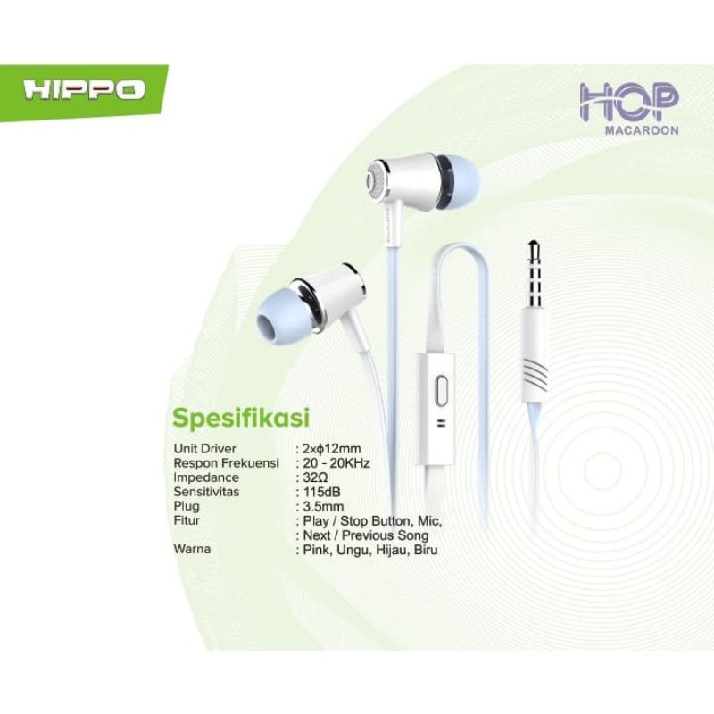 Hippo Headset HOP Macaroon Handsfree Super Bass Wired