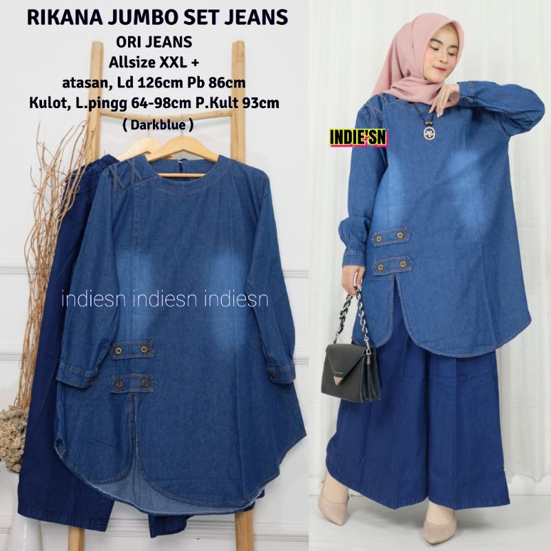 Rikana Jumbo Set By INDIE'SN • Setelan Jeans Wanita • Atasan Blouse Tunik Kulot Celana Panjang Jeans