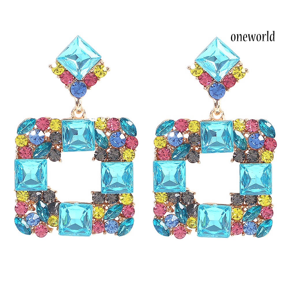 OW# Women Geometric Square Multicolor Rhinestone Eardrop Statement Stud Earrings Gift