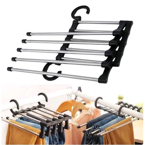 Rak Magic Hanger 5 In 1 Stainless Gantungan Baju Celana Jilbab Syal Pakaian