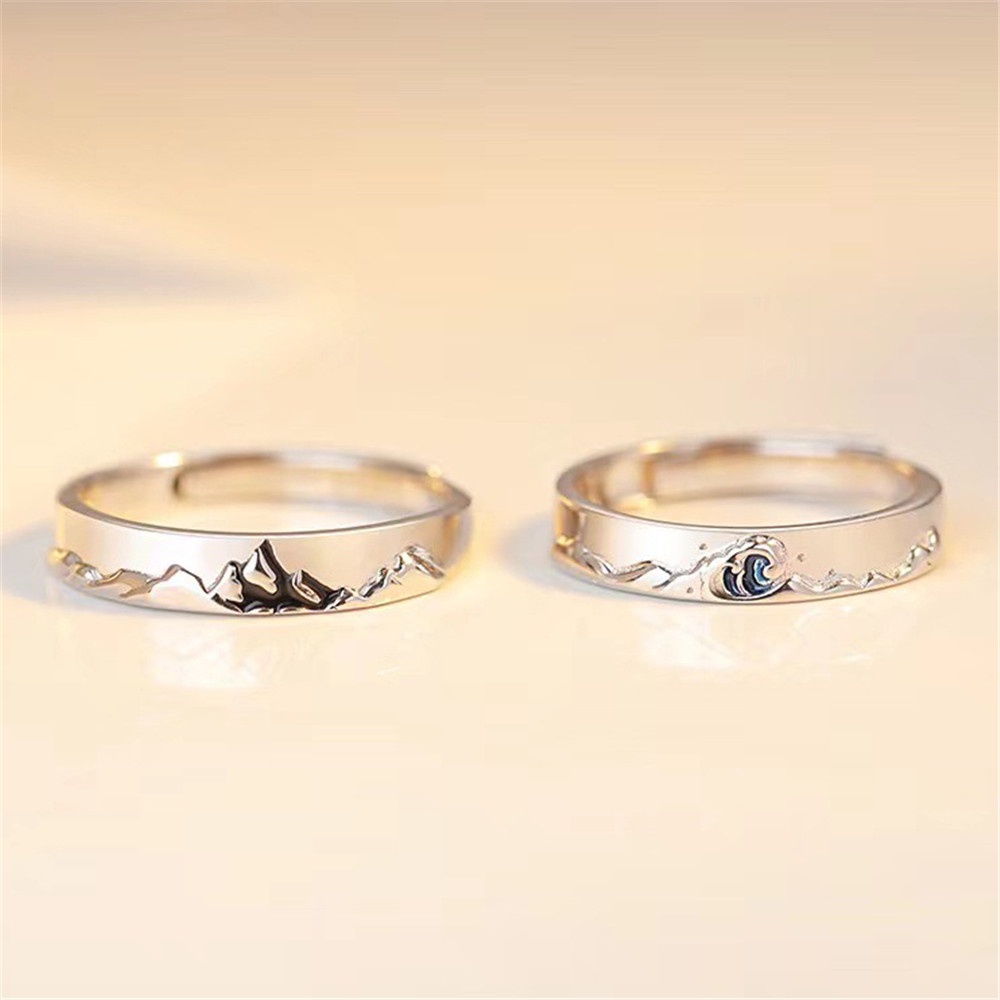 2pcs / Set Cincin Pasangan Model Terbuka Desain Wushan Canghai Warna Silver Untuk Pria / Wanita