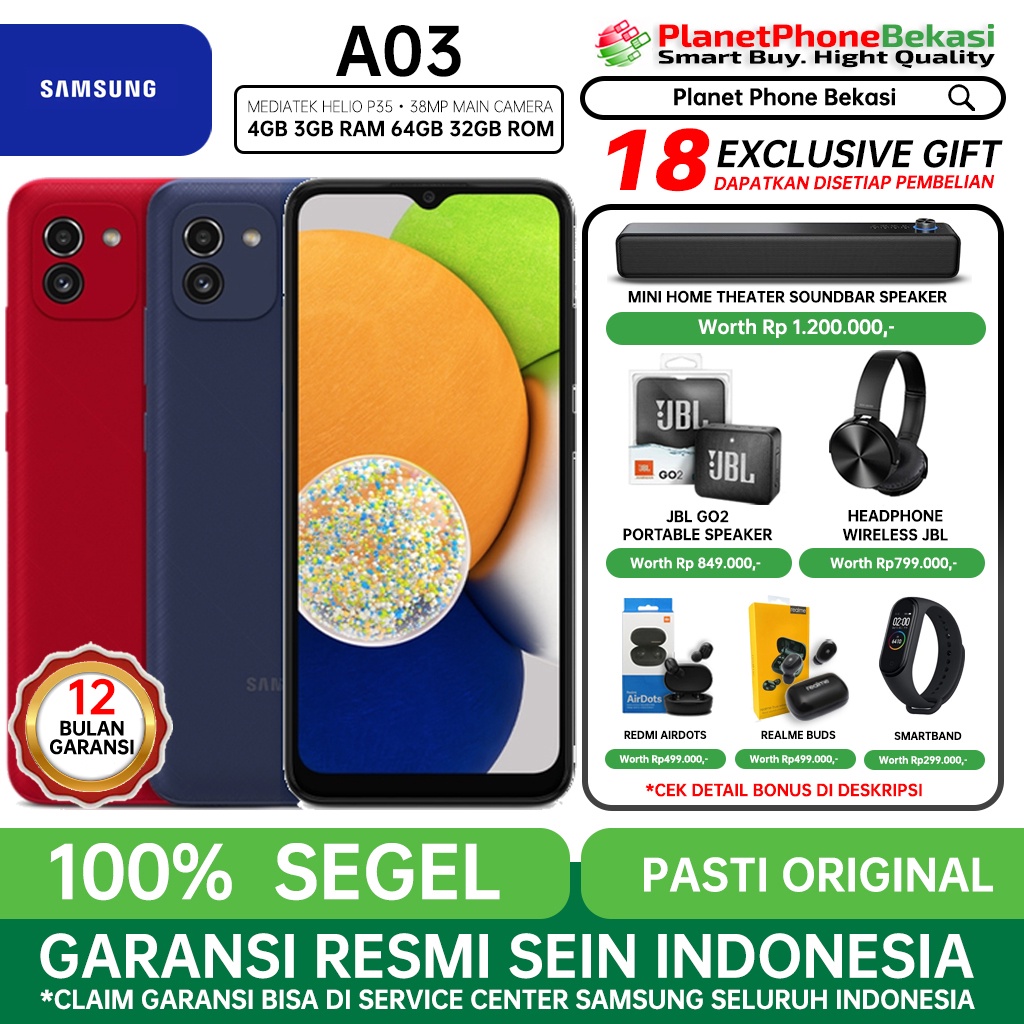 SAMSUNG GALAXY A03 [4/64GB] [3/32GB] RAM 4GB 3GB ROM 64GB 32GB & A03 core 2/32 GARANSI RESMI
