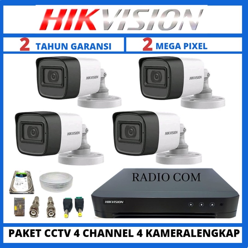 paket cctv hikvision 4 channel 4 kamera 2mp 1080p turbo hd