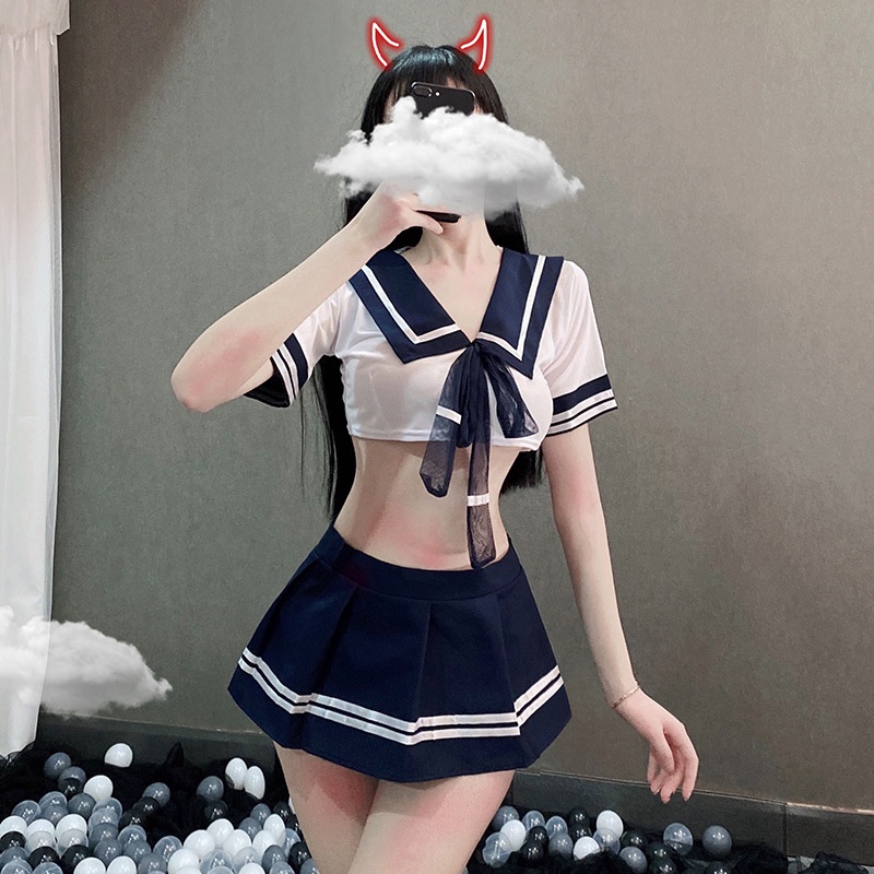 Seragam Cosplay Pelajar Seksi Wanita Menunjukkan Rok Mini Set Lingerie Sexy Pusar (Kombo Model) 3A171