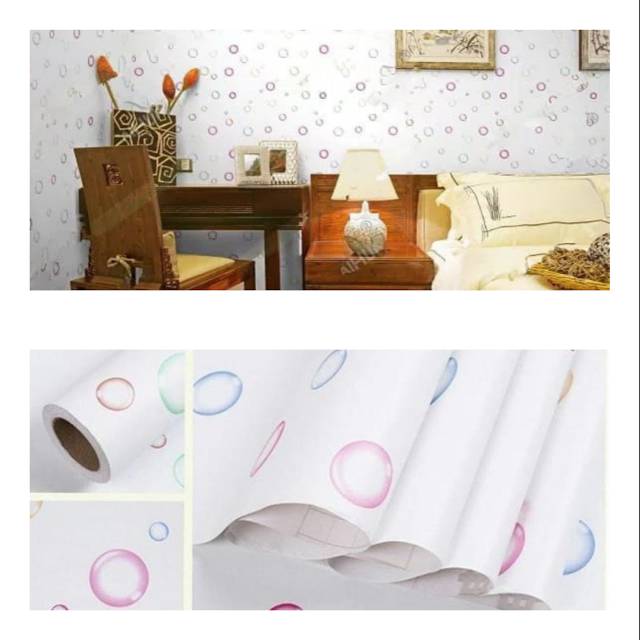 Grosir Murah Wallpaper Sticker Dinding Putih Bubble Polkadot Warna-Warni 10 M x 45 CM