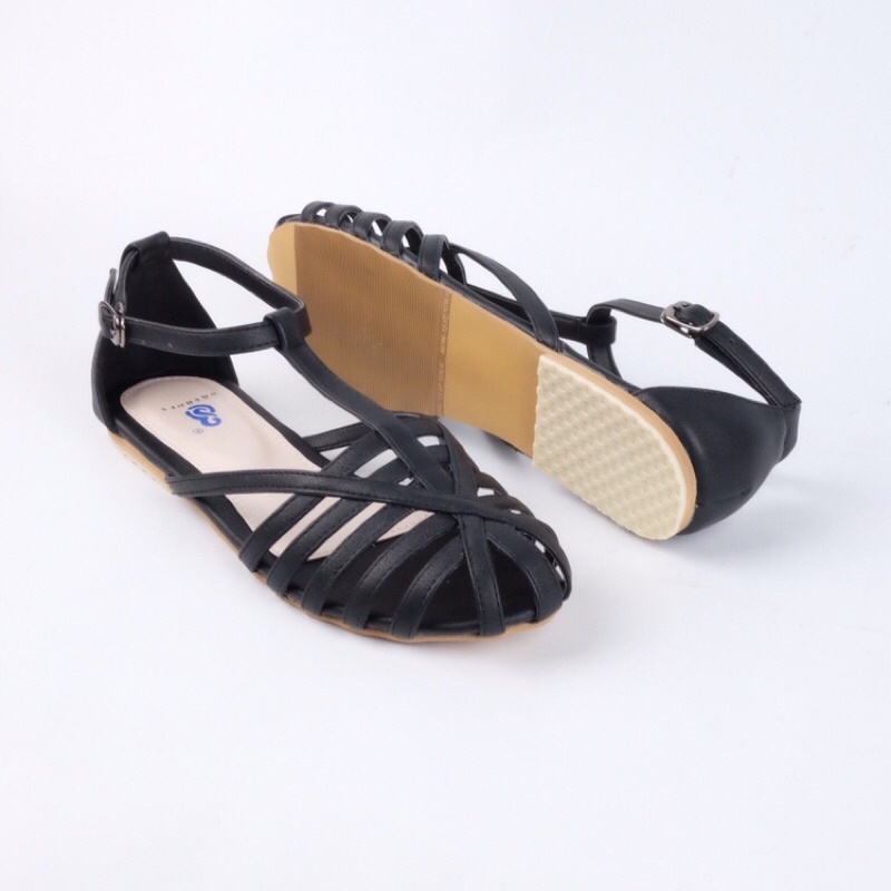 [SIAP KIRIM] BRShoes40 Ft Hitam Sandal Tali Casual Flat Wanita