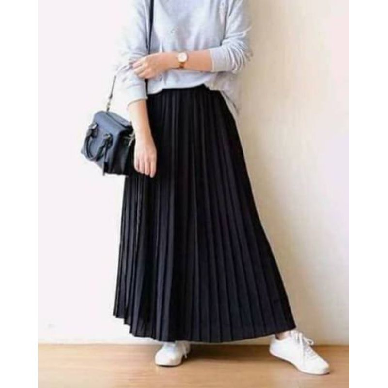 ROK PLISKET MURAH PRISKET PLEATED SALE POLOS REMPEL MUSLIMAH SKIRT ABG FLARE SKIRT MAYUNG FLOWY-BLACK