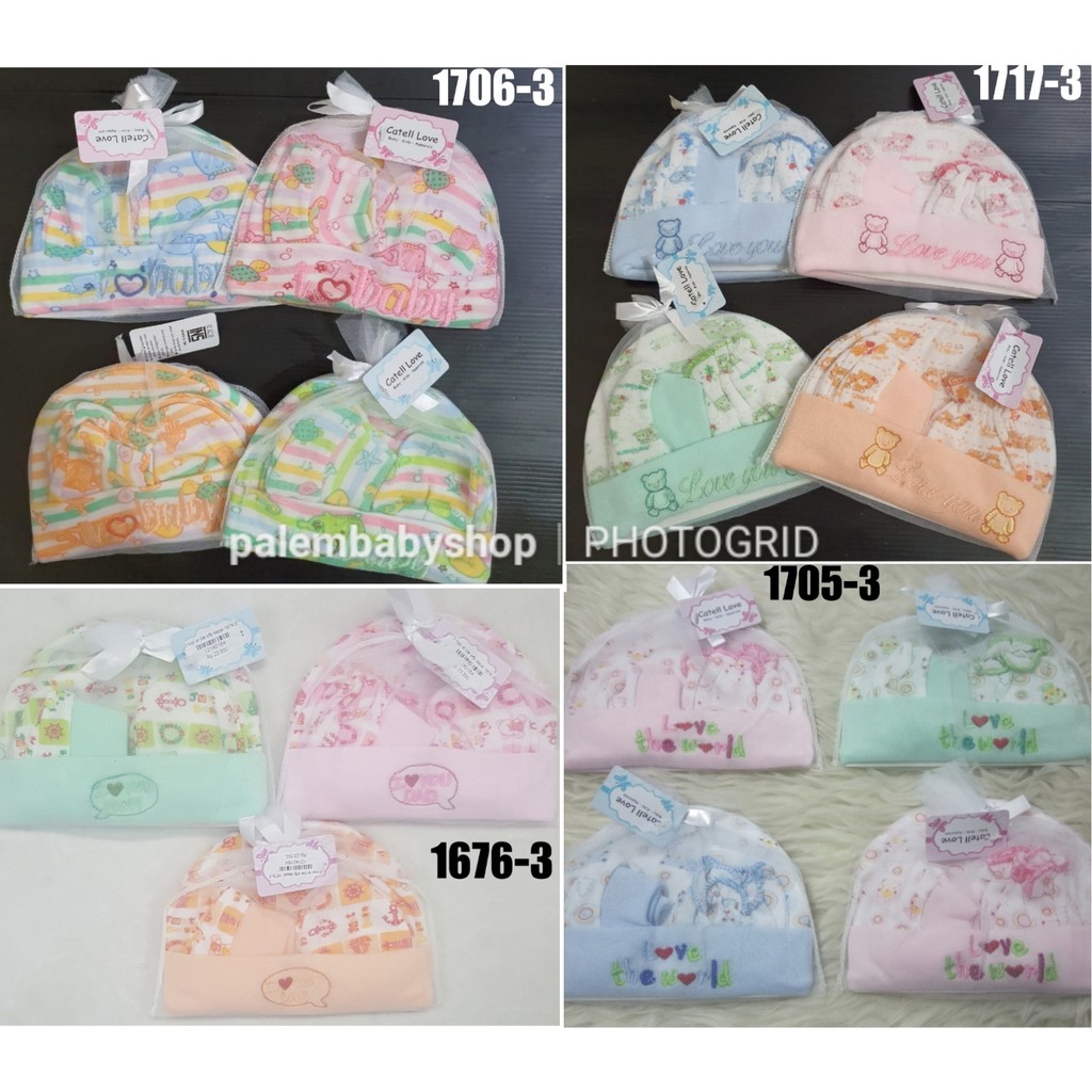 catell love topi+sarung tangan bayi motif