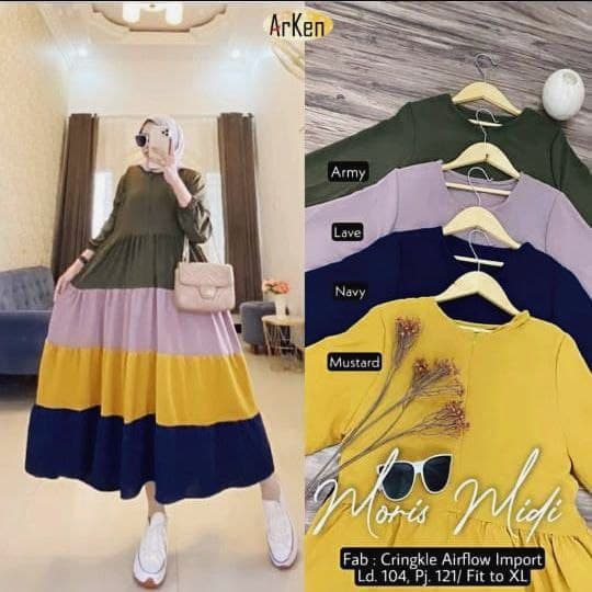 Gamis Moris Midi - Gamis Terbaru Rayon Premium Dress Wanita Pelangi Lengan Karet Maxi Dress Kekinian LD 110 cm