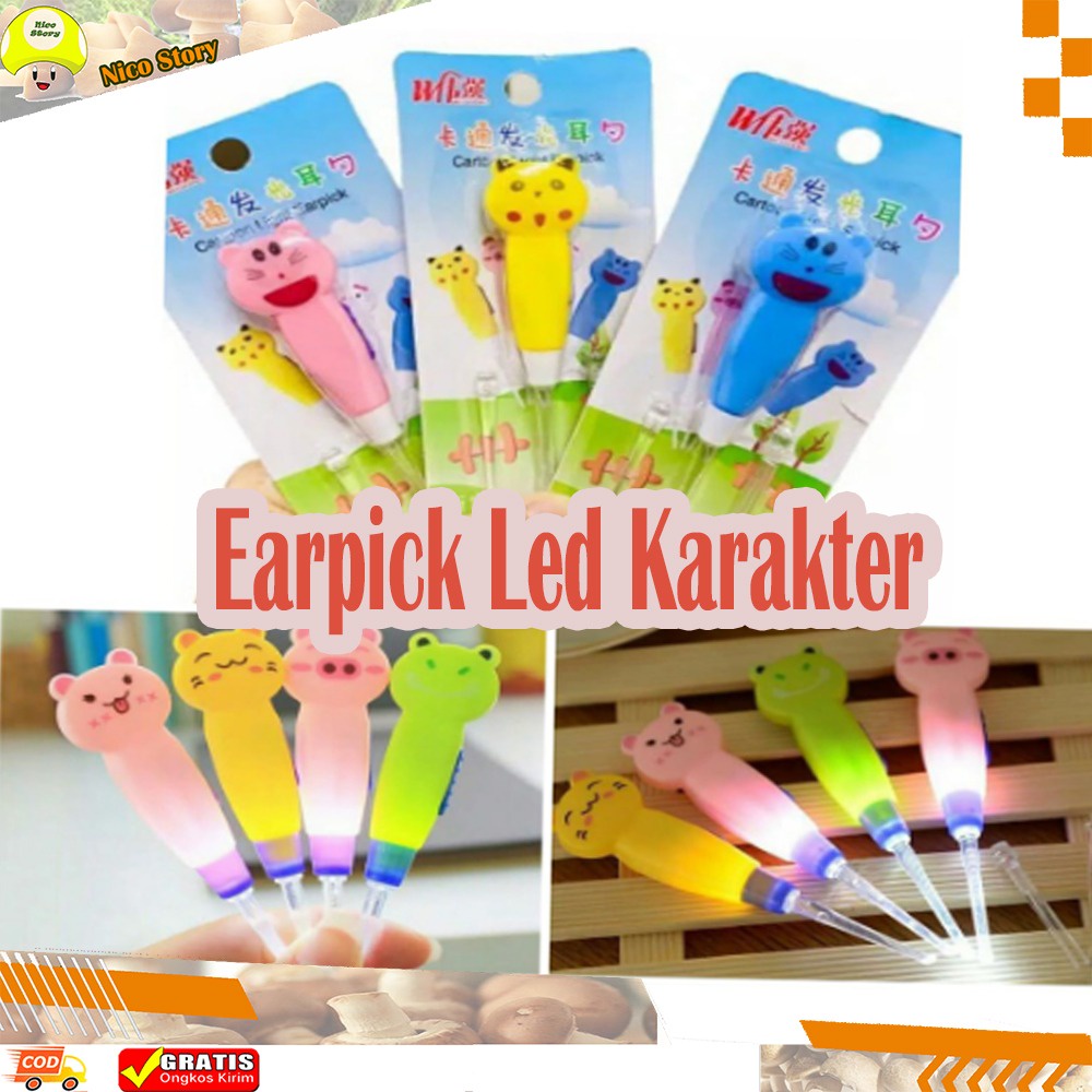 (NCS) Earpick Cartoon LED Cute Animal Korek Kuping Telinga Karakter Lampu LED