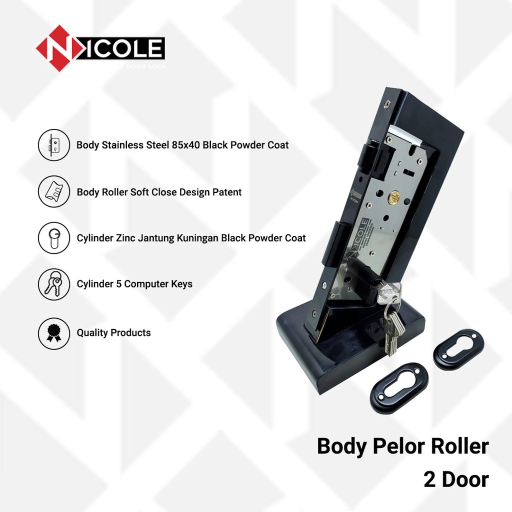 Body Pelor Roller Pintu 2 Dua + Silinder 5 Kunci 60mm Hitam