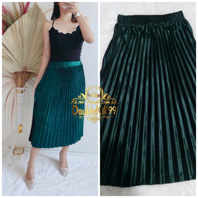 GROSIR ROK IMPORT / ROK 7/8 PLISKET BLUDRU VELVET PREMIUM  GLOSSY-7/8 HIJAUBOTOL GLOSY