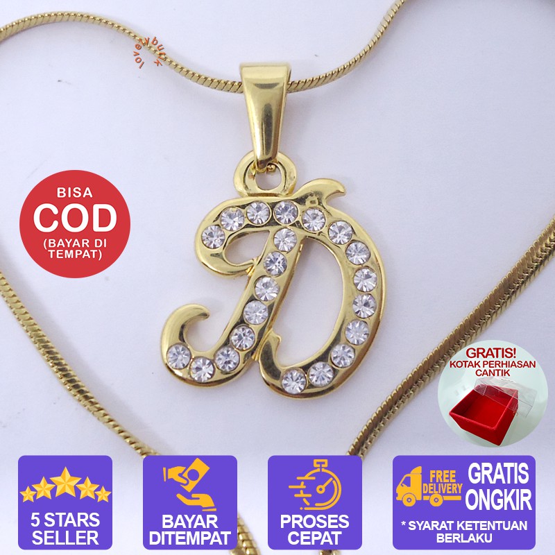 Lovelybutik Honey Kalung Huruf Titanium Anti Karat Inisial D Uk 45 cm BONUS KOTAK PERHIASAN