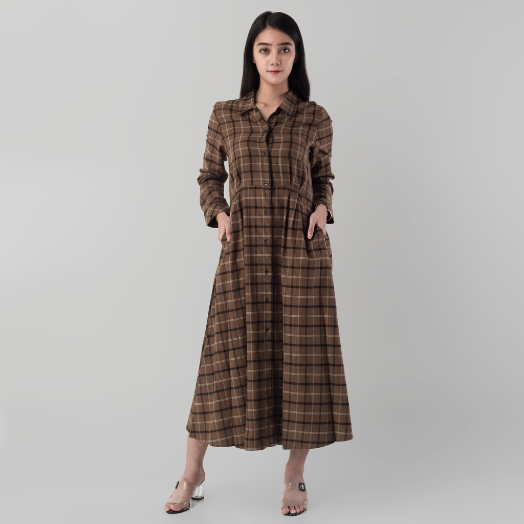 Benhill Gamis Wanita Flannel Lengan Panjang Kotak Coklat 0710-11530