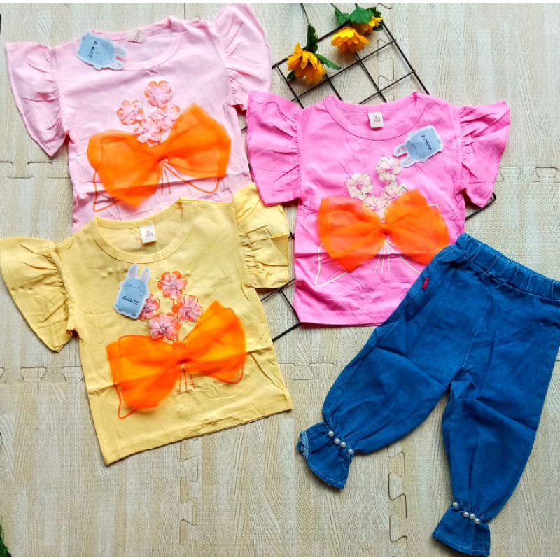 [1-5 TAHUN] SETELAN ANAK PEREMPUAN CELANA JEANS PANJANG CUTBRAY IMPORT+KAOS LUCU BAHAN KATUN COTTON BUNGA PITA 1 2 3 4 5 TAHUN