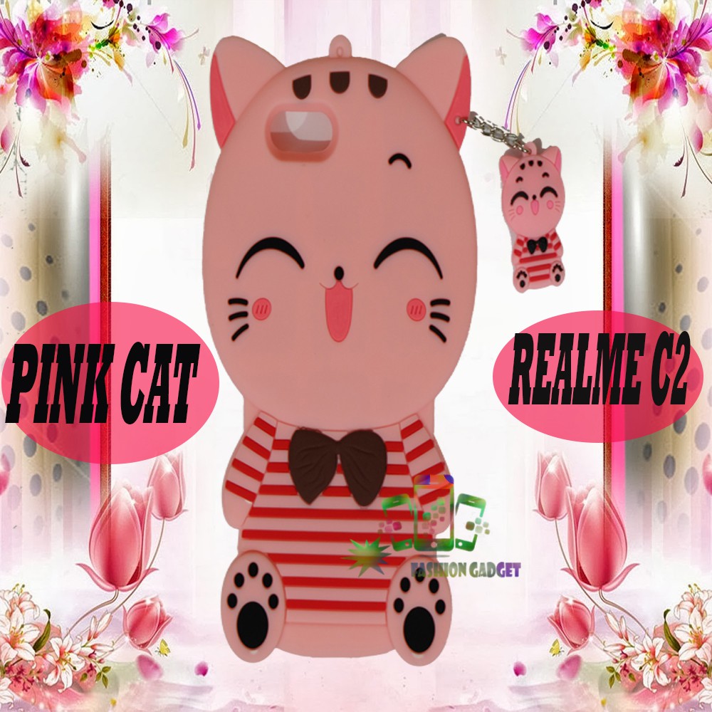 Case Pink Cat 3D Realme C2 Casing HP Gambar Kartun Cat Pink 3D Untuk Realme  C2 Kucing Pink
