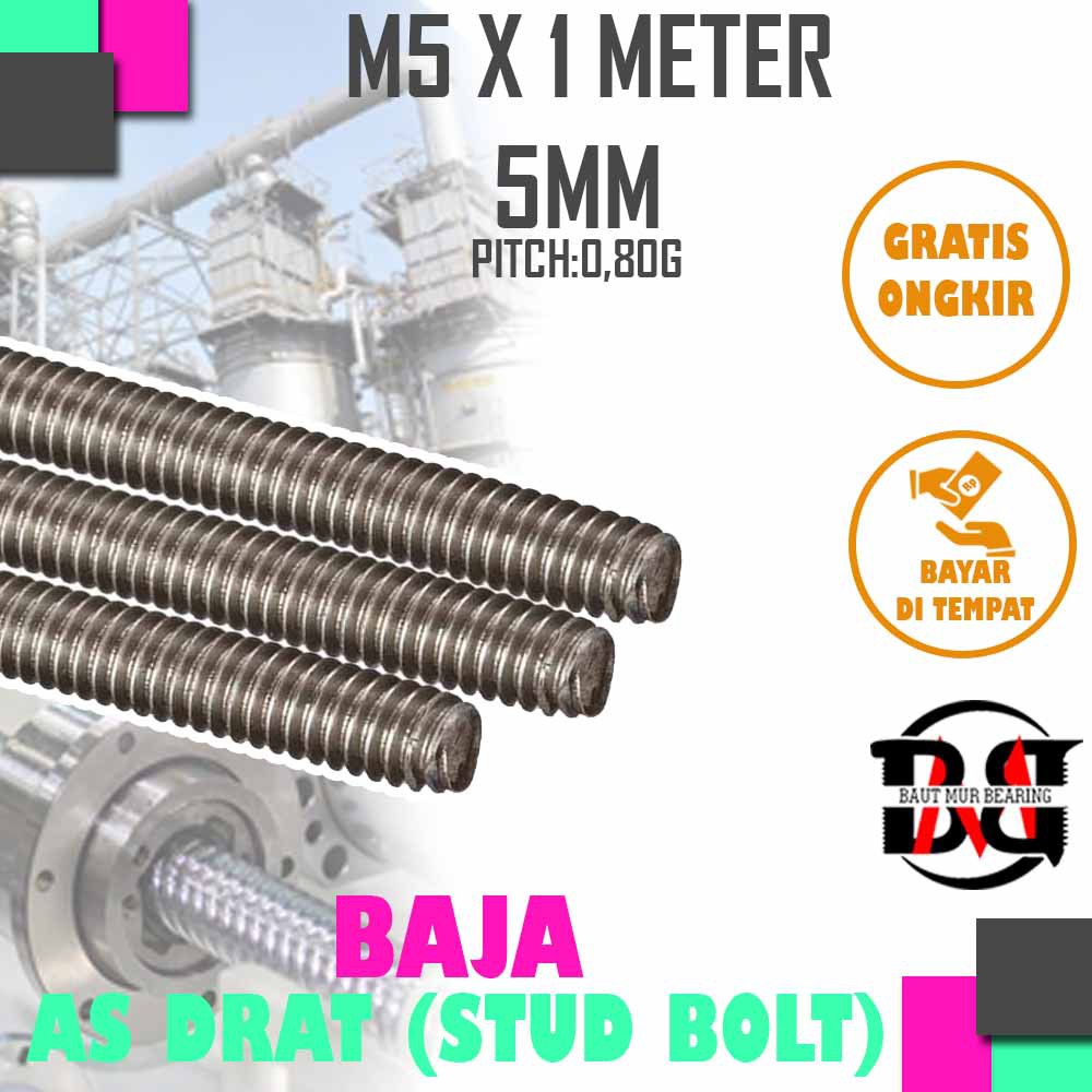 As Full Drat Baut Long Thread Bolt Stut Bolt M5 X 1 Meter