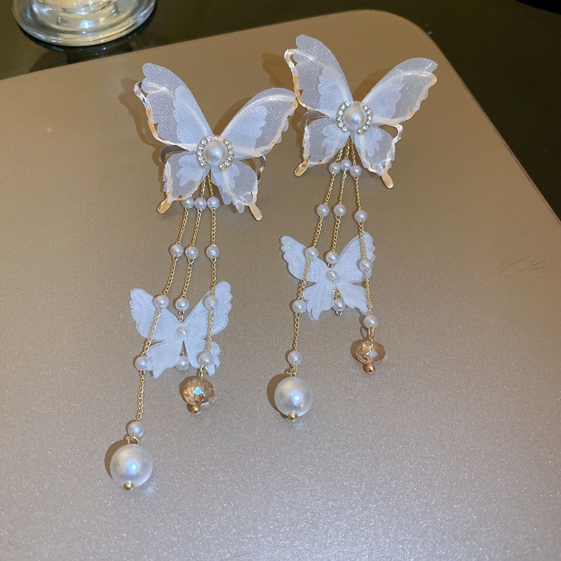 Anting Gantung Panjang Model Kupu-Kupu Dengan Kristal + Mutiara Untuk Wanita Butterfly