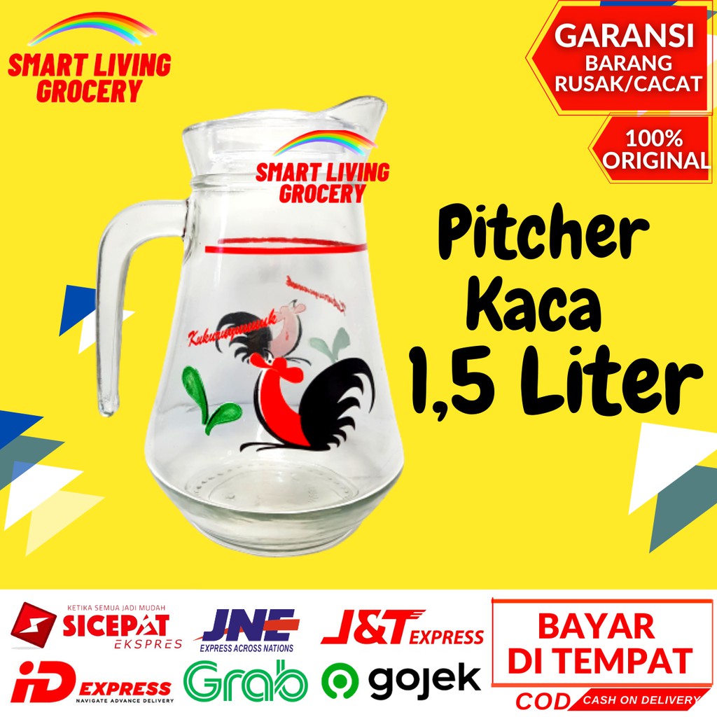 GELAS PITCHER  Teko Beling Kaca 1,5 Liter Penyimpanan MInuman Motif Ayam Jago