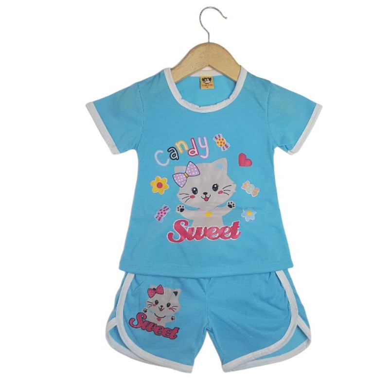 SETELAN SI JAMBUL PAKAIAN BAJU ANAK PEREMPUAN 2-7 TAHUN MOTIF SWEET CAT ABU LOLIPOP