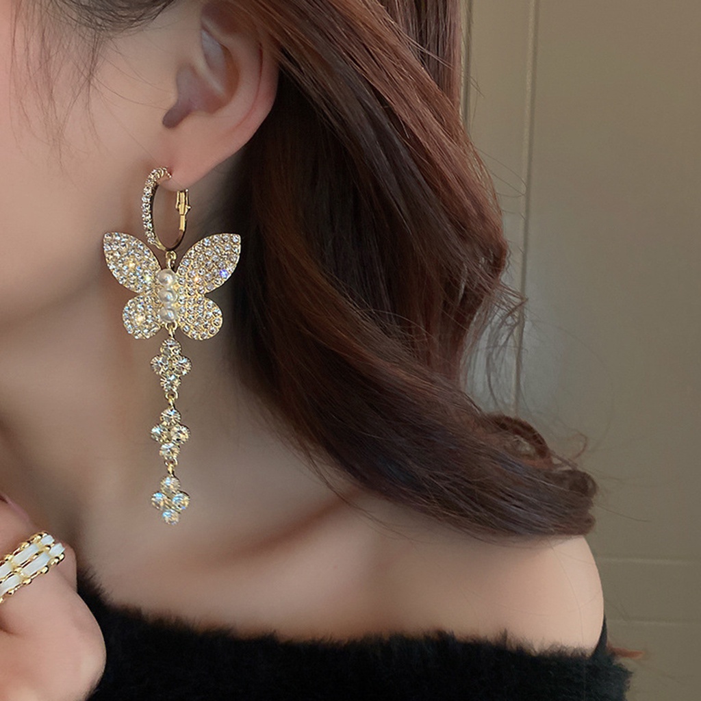 Hu Hu Hu Hu Hu Alat Bantu Pasang Kacamata♡ 1 Pasang Anting Kait Gantung Mutiara Berlian Imitasi Bentuk Kupu-Kupu Untuk Wanita