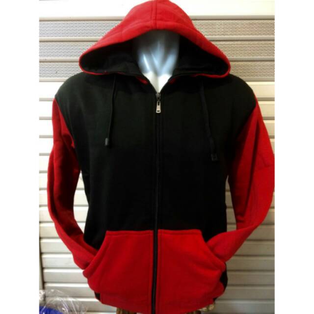Jaket hoodie polos resleting warna hitam merah terbaru