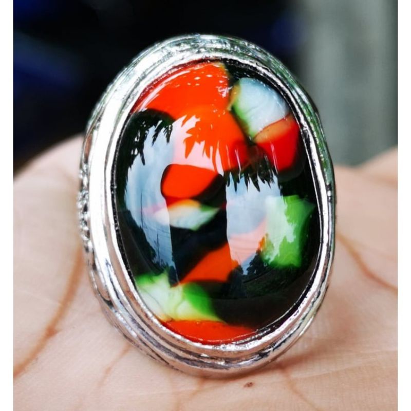 Batu Cincin Akik Pancawarna Rubah Tembus Kristal Asli Natural Ring Tanam