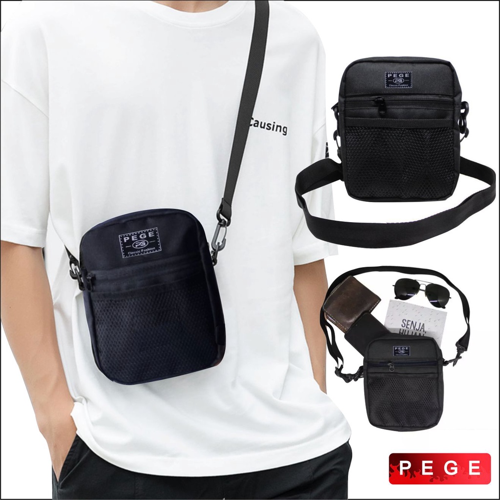 Tas Selempang Bahu Pria Kasual Model Polos Hitam Slempang Slingbag Untuk Sehari Hari - PG 8884