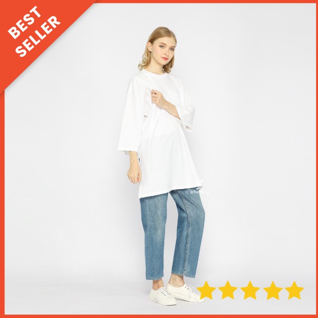 Kaos Oversize Wanita lengan 7/8 Basic Oversized Busui dan NonBusui White