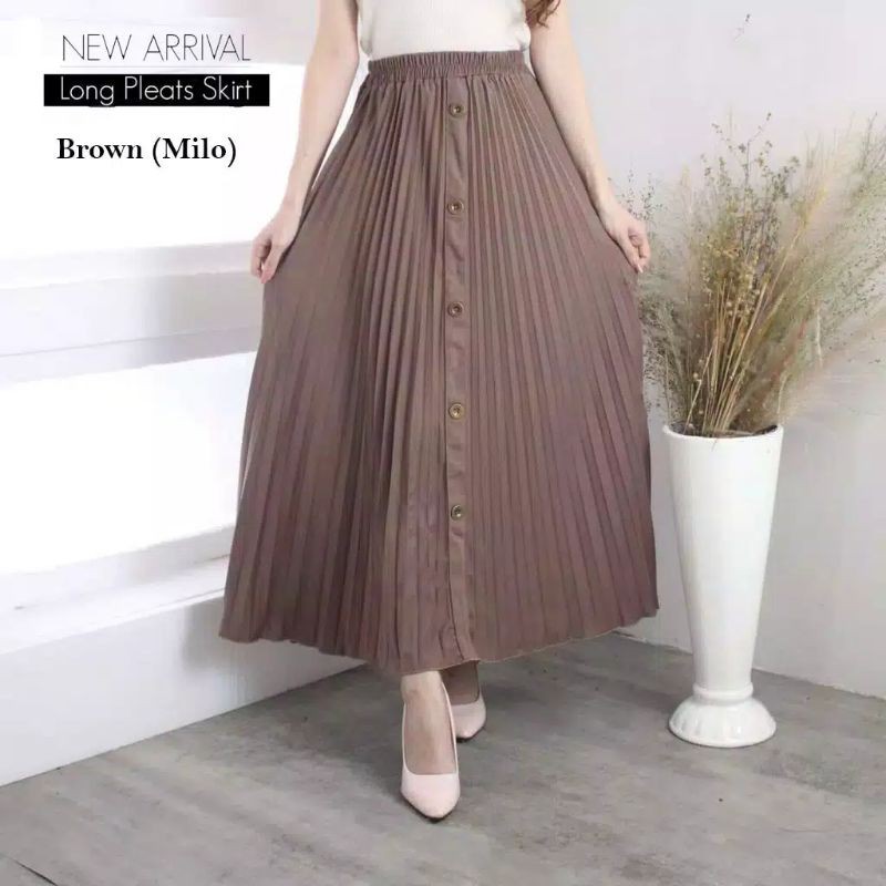ROK WANITA PLISKET VARIASI KANCING DEPAN - BAHAN HYGET SYPER ( PREMIUM )-Brown ( milo )