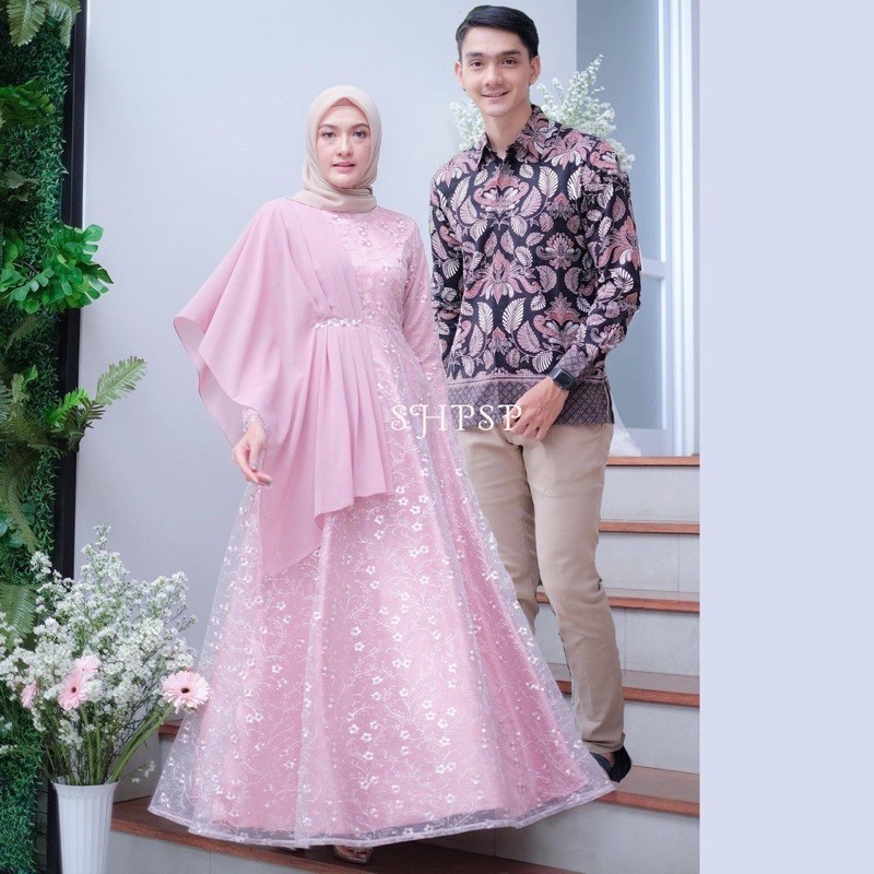 Mawar SOLO Batik Couple Rayya Tulle mutiara kombinasi ceruty payet & kemeja batik