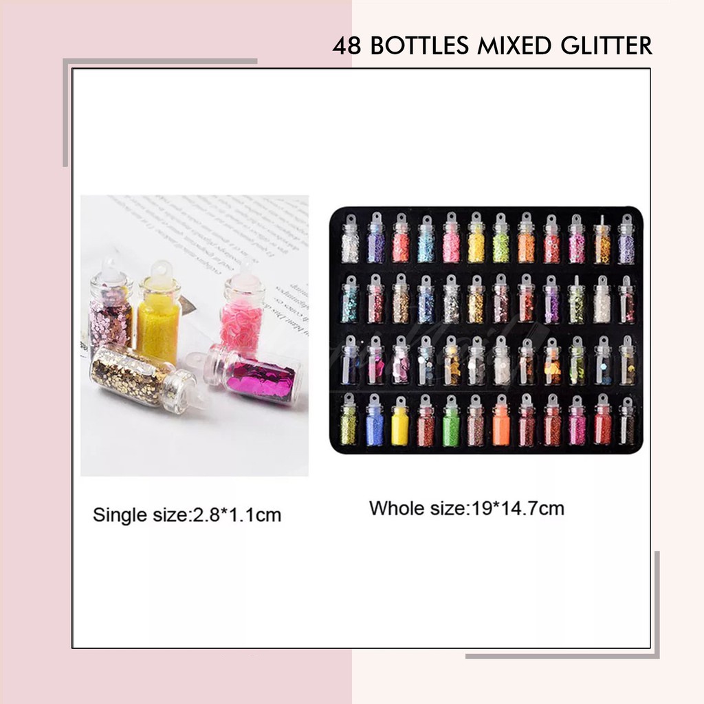 48 Bottles mixed glitter caviar deco nail art 48pcs mini bottle hiasan kuku