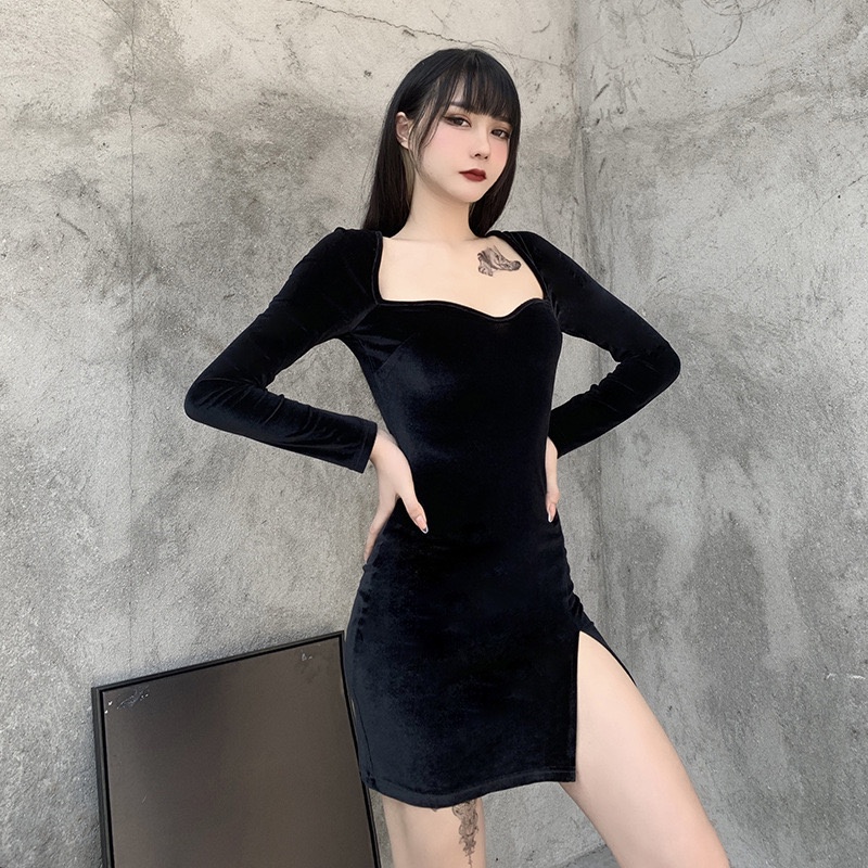 [Goth Story] Long Sleeve Velvet Bodycon Mini Dress Beludru Wanita Lengan Panjang 8643 (S/M/L)