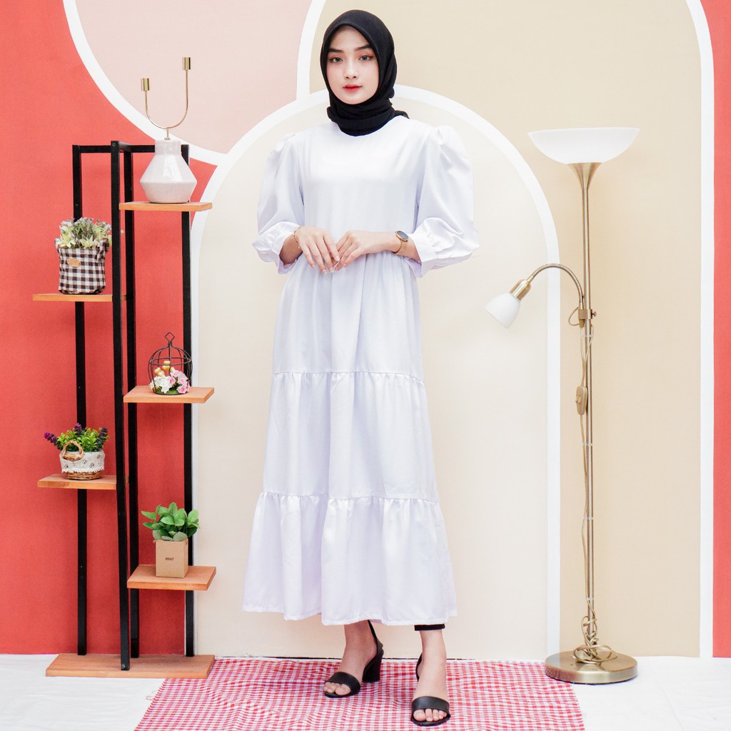 [ COD ] Andien Dress S M L XL | Fashion Muslim Tangan Balon Rok Rempel | Casual Daily Kondangan OOTD