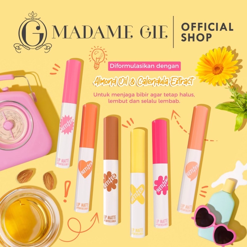 MADAME GIE Lip Matte Netizen Indonesia / Primer BB Foundation Loose Powder Lipstick Eyeshadow Blush On Eyeliner Eyebrow Mascara Lipstick Gloss Balm Kutek / Facial Wash Toner Essence Serum Sunscreen Moisturizer Cream Mask Masker Body Lotion Lipill Paket