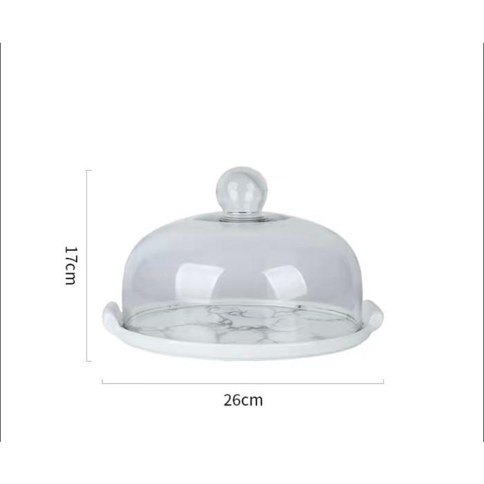 Nampan Ferragus Glass Dome Cake Display With Marble Tray - Marble Tray