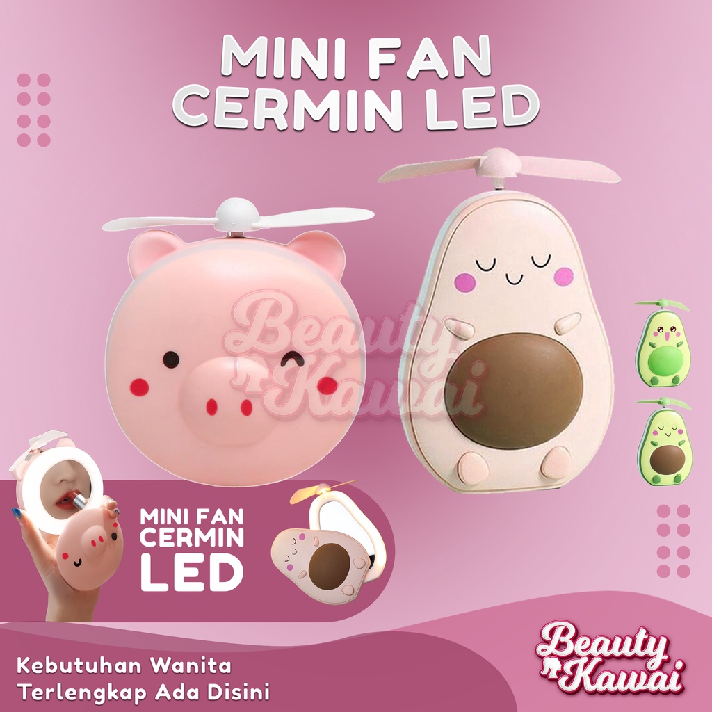 Kipas Mini Portable USB Fan Led Cermin Makeup 3in1 Karakter Hewan Buah