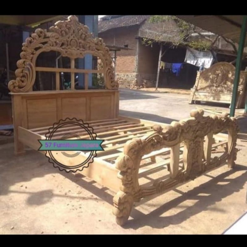 Rangka tempat tidur jati full ukir jepara - Dipan 180cm mentahan