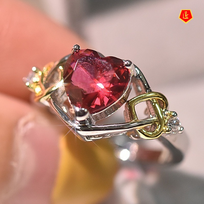 [Ready Stock]Fashion Elegant Rose Red Heart-Shaped Diamond Ring