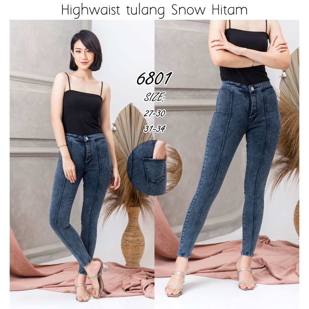 7C-G CELANA JEANS PREMIUM HIGHWAIST TULANG SNOW HITAM /PINGGANG TINGGI TULANG/STREACHT /27 - 34