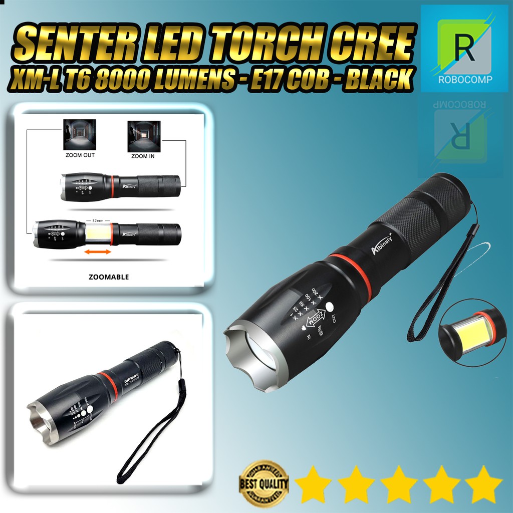 Senter LED Torch Cree XM-L T6 8000 Lumens - E17 COB - Black