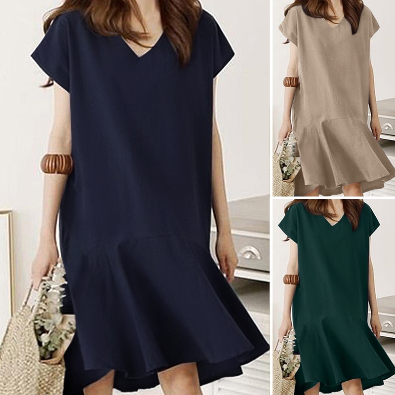 ZANZEA Women Fashion Dress Summer Cotton V Neck Solid Holiday Casual Baggy Mini Dress