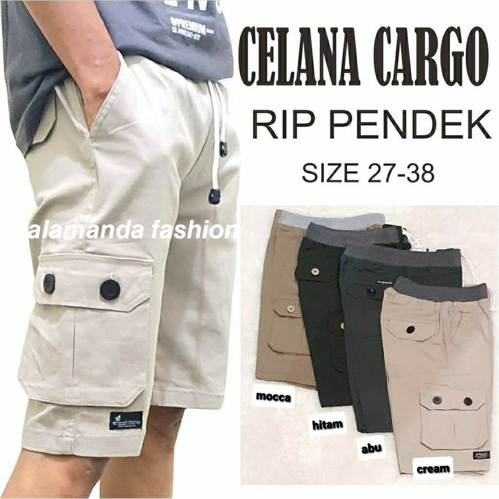 CELANA CARGO PENDEK SIZE 27-38 HITAM MOCA GREY CREAM