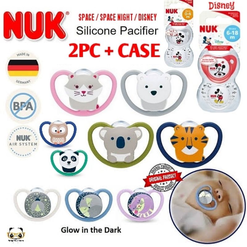 Stok Baru NUK Empeng Bayi Dot Silicone Soother Pacifier With Case / Space Space Night Glow In The
