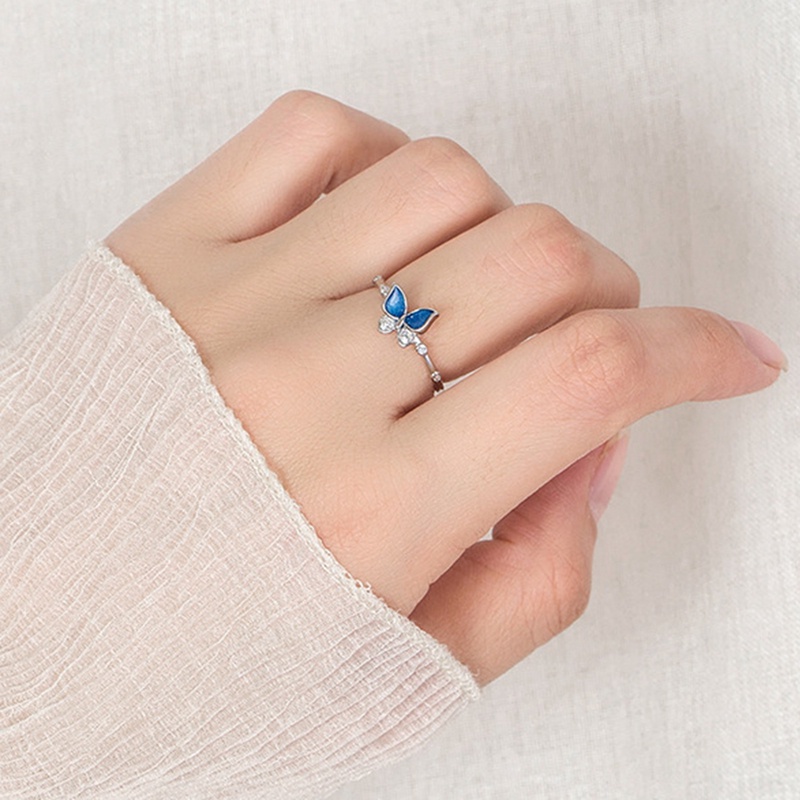 Cincin Wanita Model Terbuka Desain Kupu-Kupu Biru Hias Zircon Adjustable Untuk Pesta Cocktail